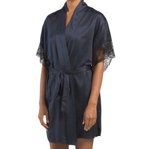 NEW NATORI Plume Classic Navy Black Lace Trim Sleeve Short Kimono Belt Tie Robe